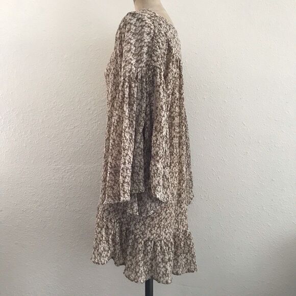 Storia Beige Neutral Tan Floral Chiffon V Neck Oversized Boho Mini Dress - S - Picture 4 of 8